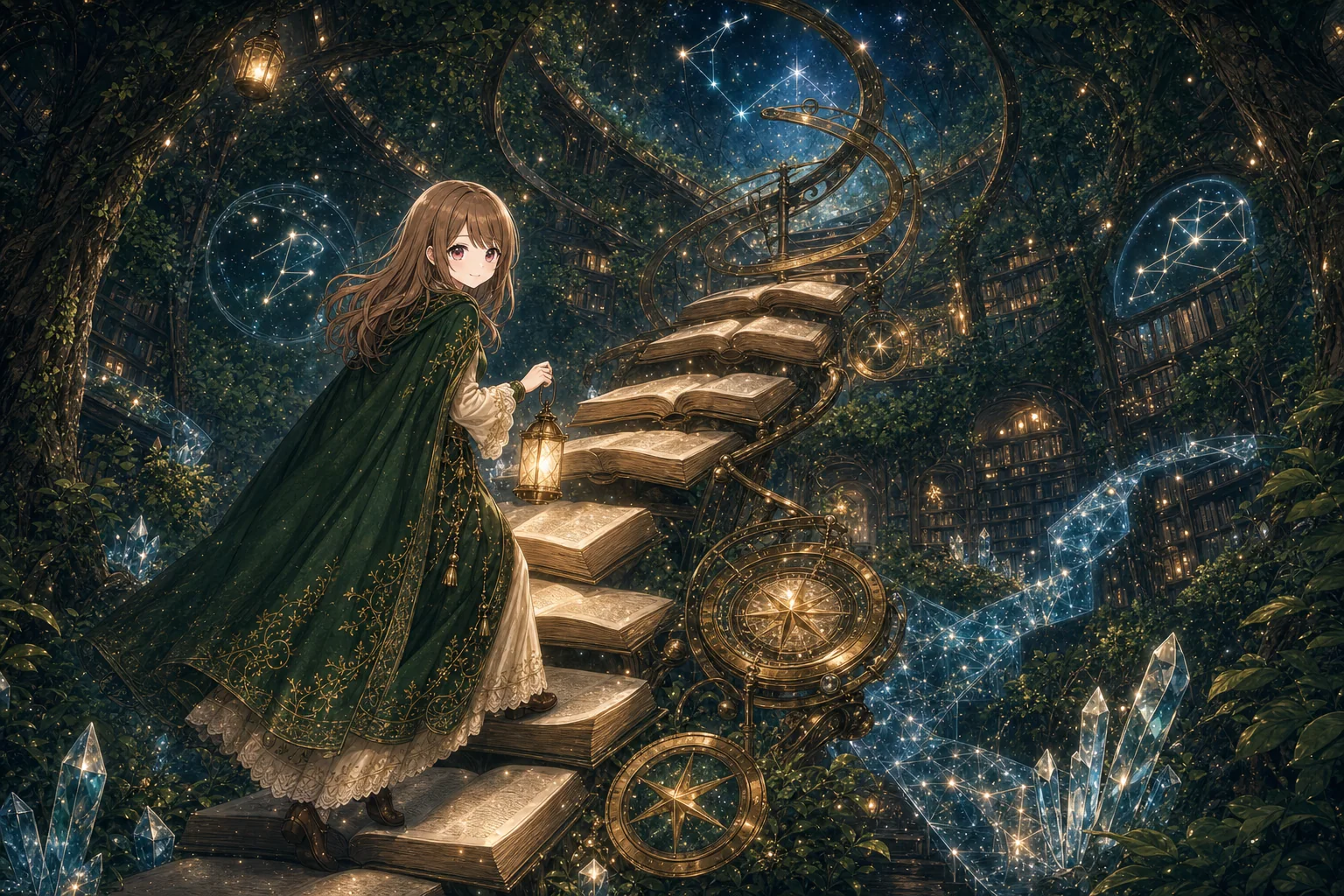 森の図書館で、本の階段をランタンとともに上るLuna